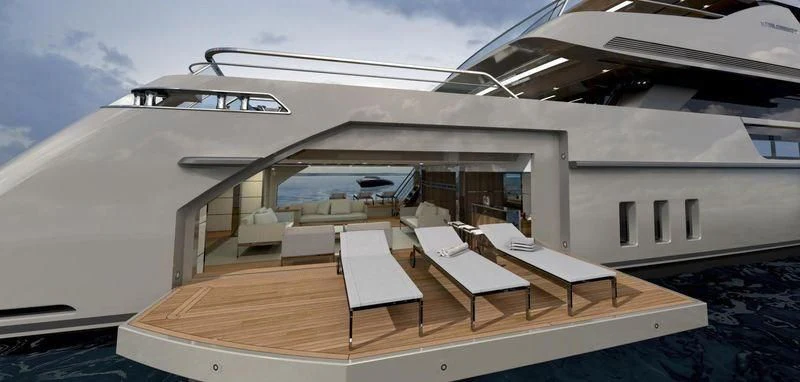 a large white building with a pool table and chairs aboard SEVEN SINS Yacht for Sale