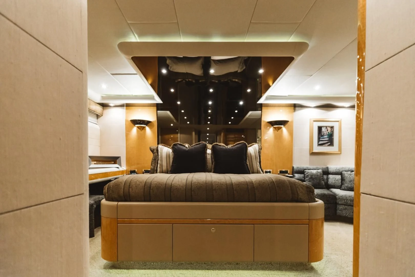a living room with a couch and a fireplace aboard DOUBLE EAGLE Yacht for Sale