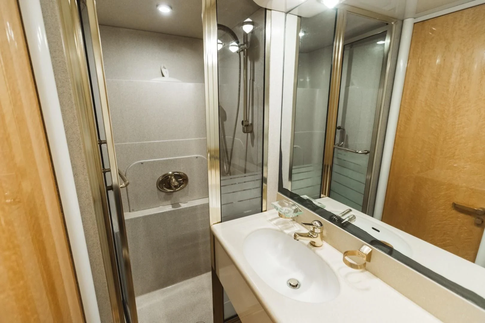 a bathroom with a large mirror aboard DOUBLE EAGLE Yacht for Sale