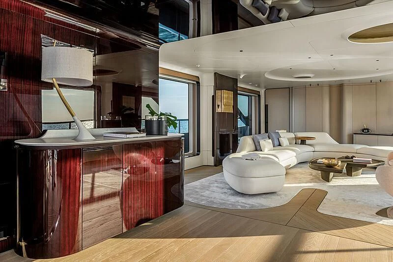 a modern looking living room aboard SHABBY Yacht for Sale
