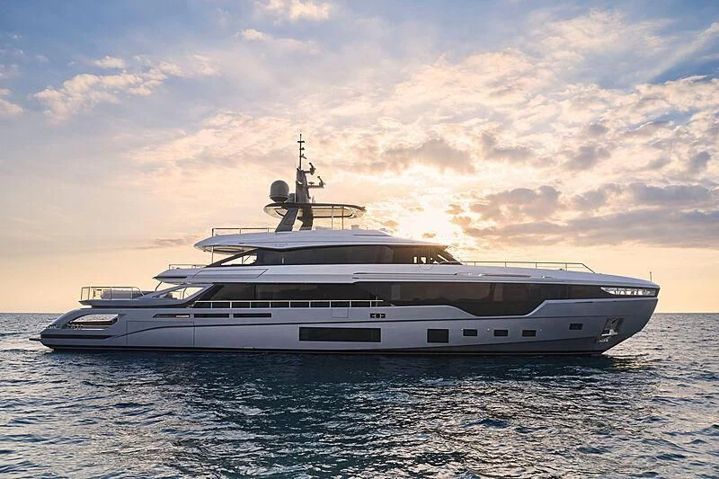 a large white yacht in the water aboard SHABBY Yacht for Sale