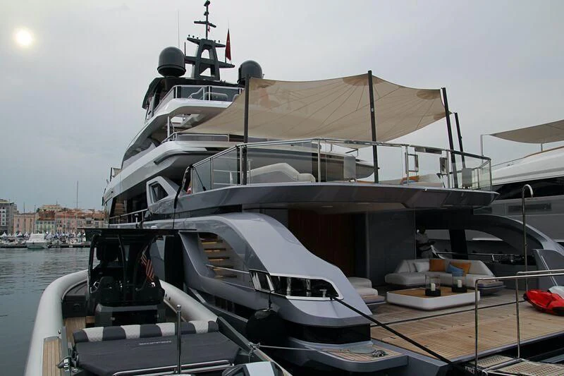a boat docked at a pier aboard SHABBY Yacht for Sale