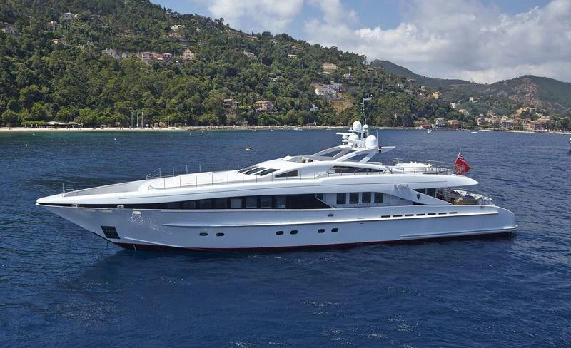 a white yacht in the water aboard ANGKALIA Yacht for Sale