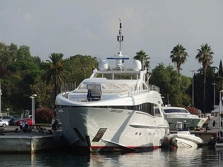 a boat docked at a dock aboard ANGKALIA Yacht for Sale