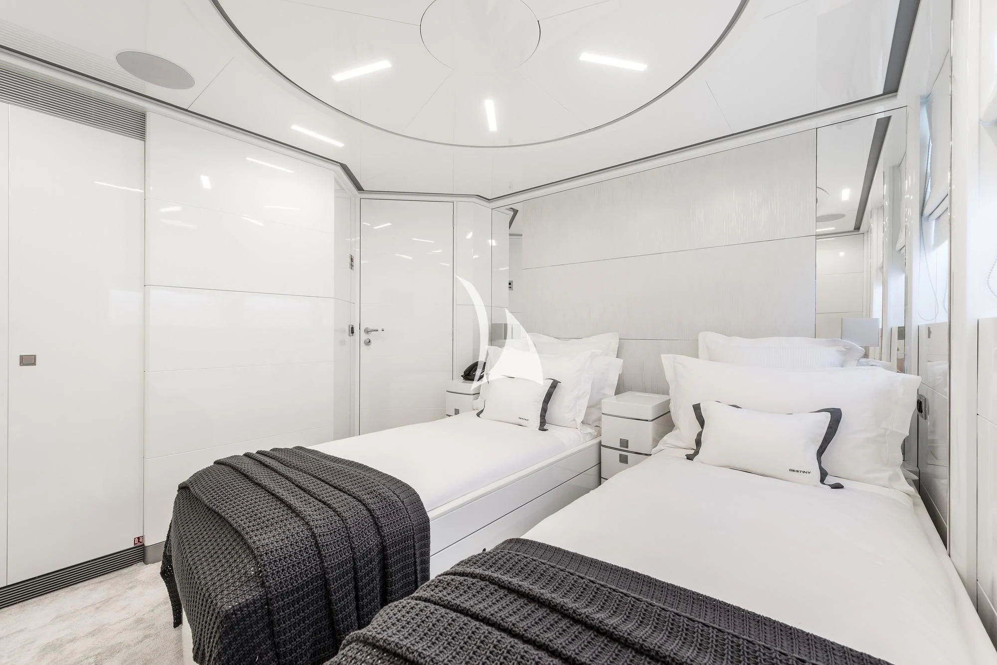 a room with two beds aboard ANGKALIA Yacht for Sale