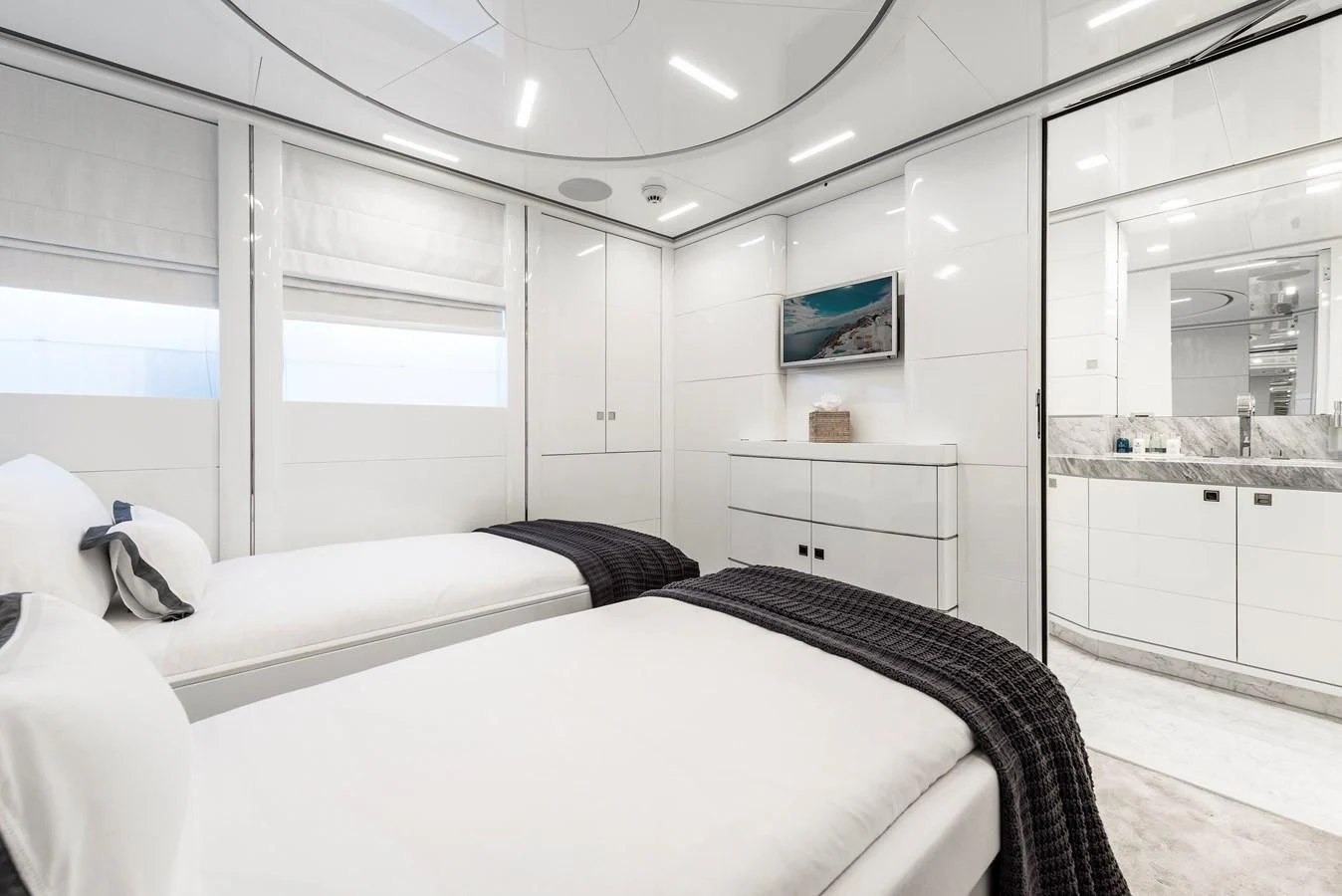 a couple of beds in a room aboard ANGKALIA Yacht for Sale