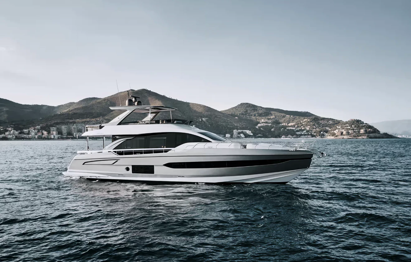 a white yacht in the water aboard 2023 AZIMUT FLY 78/56 Yacht for Sale