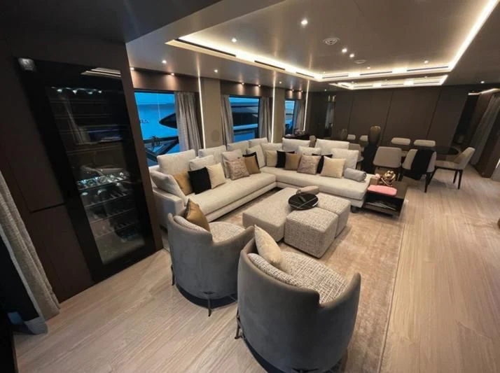 a living room with a large window aboard SELIN Yacht for Sale