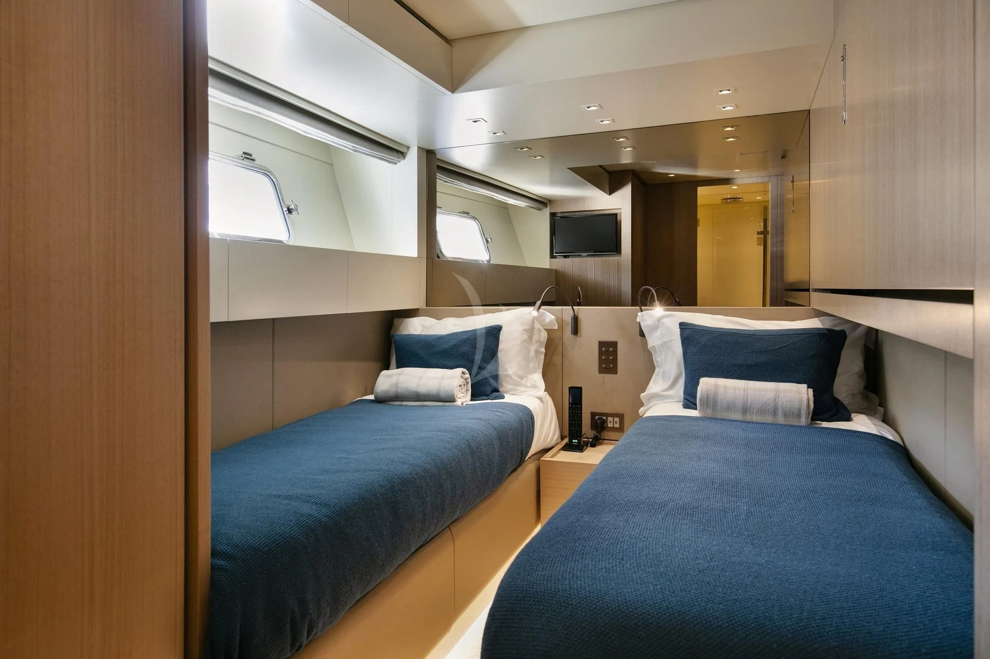 a couple of beds in a room aboard BELLE DE NUIT Yacht for Sale