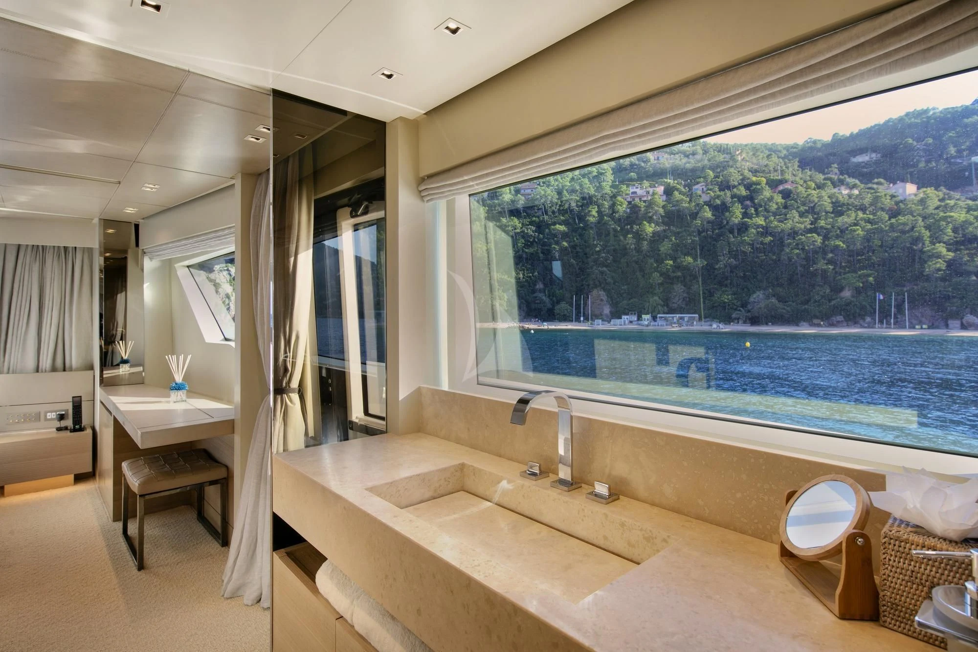 a bathroom with a large window overlooking a city aboard BELLE DE NUIT Yacht for Sale