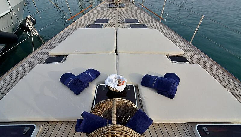 a boat with a basket on the front aboard WIND OF CHANGE Yacht for Charter