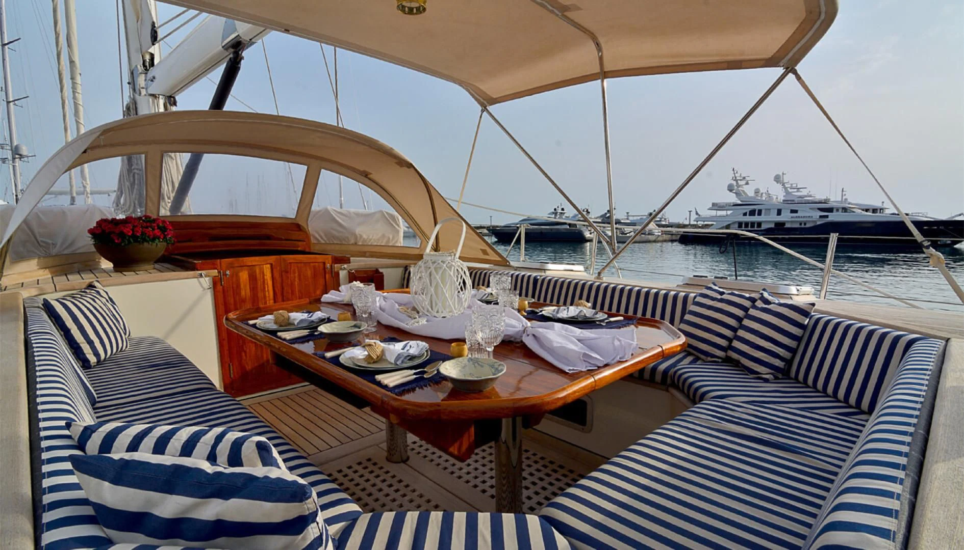 a table on a boat aboard WIND OF CHANGE Yacht for Charter