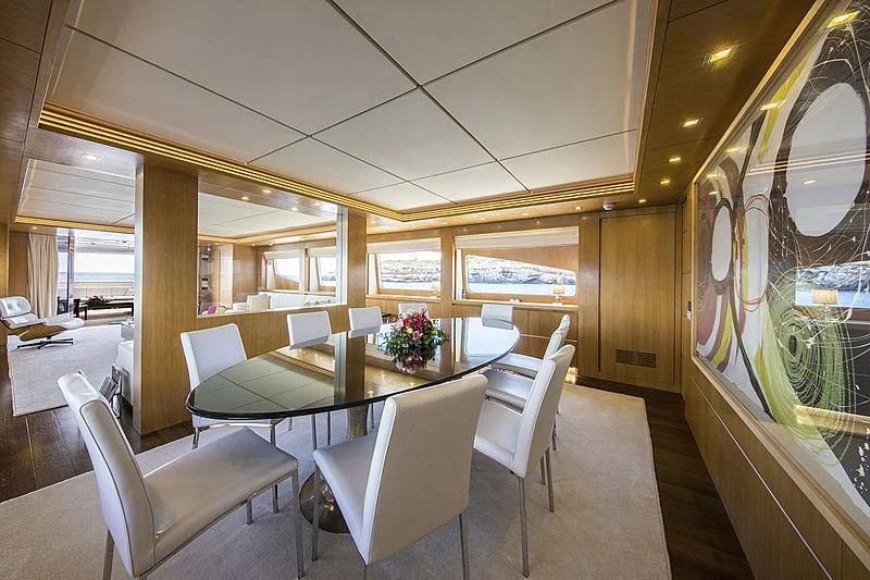 a room with a table chairs and a large painting aboard ALWAYS BELIEVE Yacht for Sale