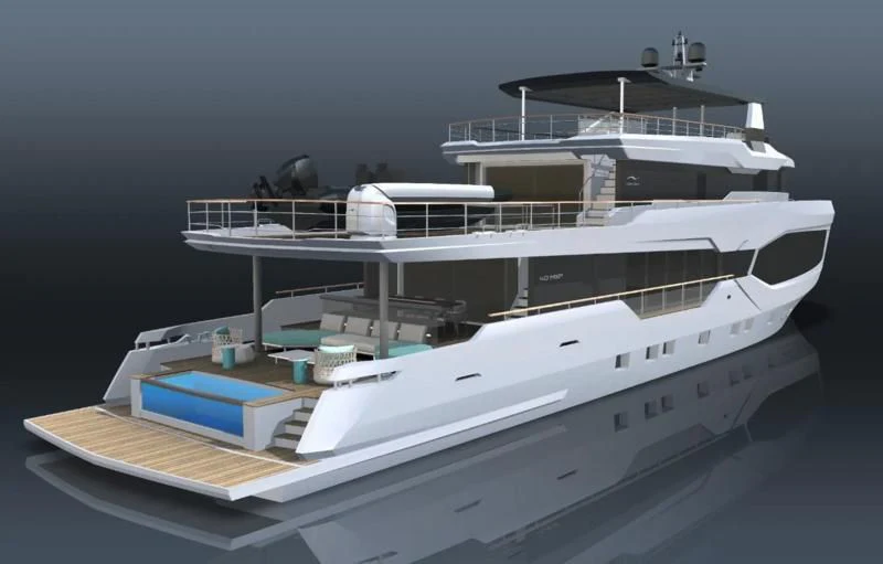 a white boat with a blue stripe aboard NUMARINE 40MXP #2 Yacht for Sale