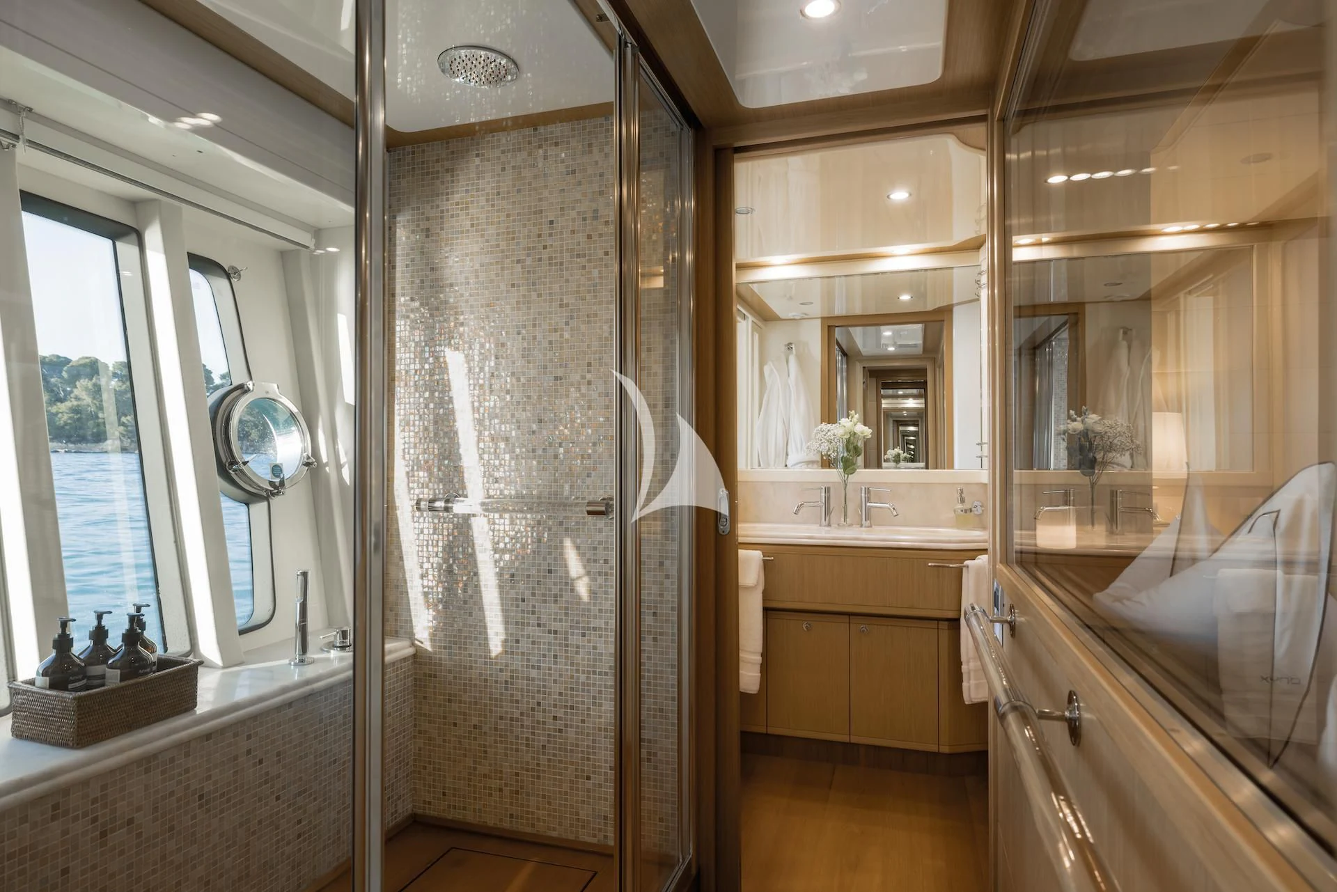 a bathroom with a shower aboard ONYX Yacht for Charter