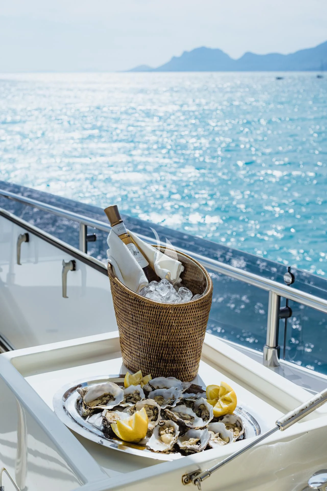 a bucket of ice and a container of ice on a boat aboard ONYX Yacht for Charter