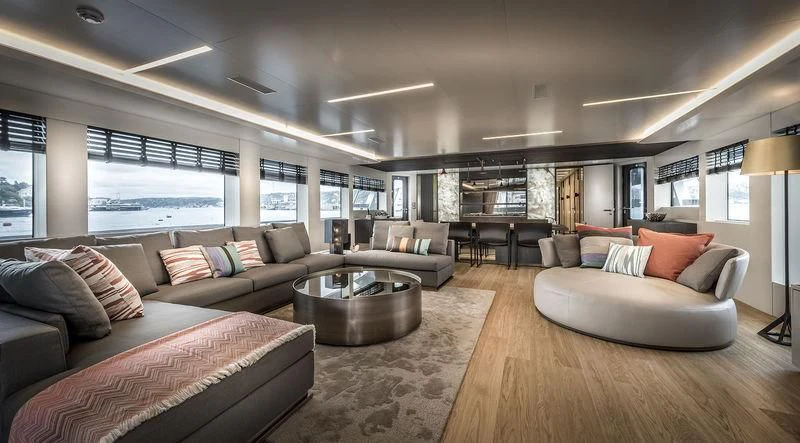 a living room with a large window aboard MARLA Yacht for Sale