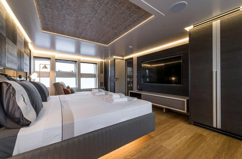 a bed in a room aboard MARLA Yacht for Sale