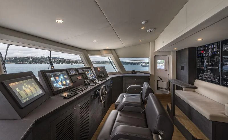 inside of a vehicle with many screens aboard MARLA Yacht for Sale
