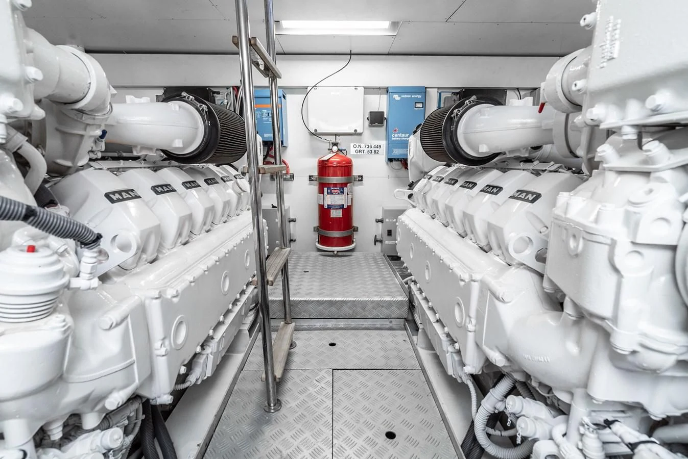a room with several white pipes aboard AIFOS Yacht for Sale