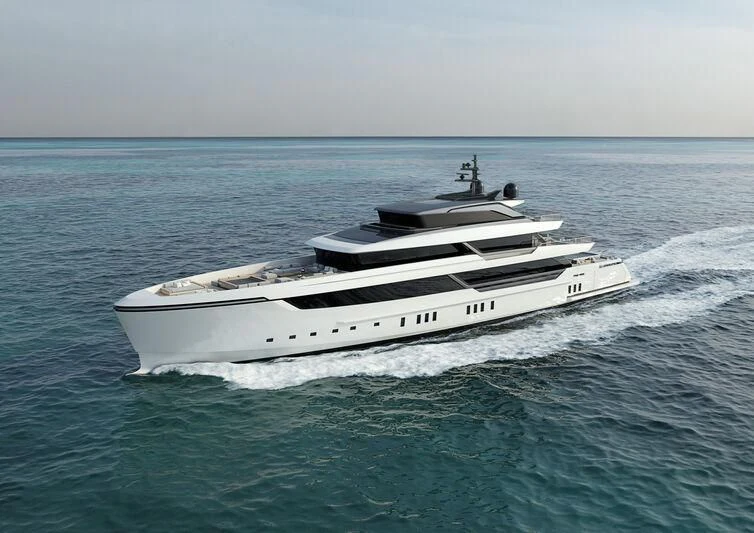 a white yacht in the ocean aboard MY ALMA Yacht for Sale