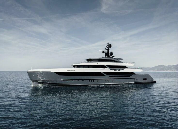 a white yacht in the water aboard MY ALMA Yacht for Sale