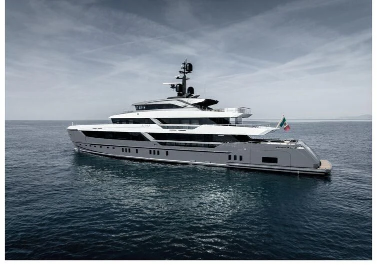 a white yacht in the water aboard MY ALMA Yacht for Sale