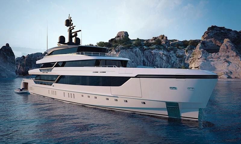 a white yacht in the water aboard MY ALMA Yacht for Sale