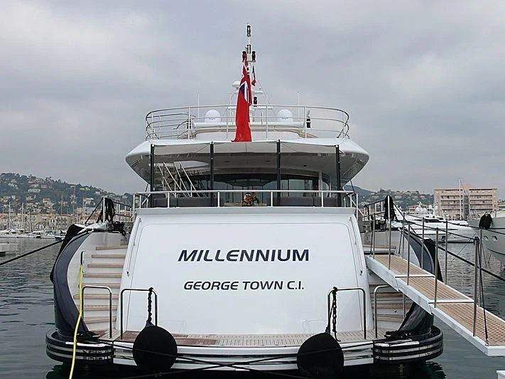 a large white boat on a dock aboard L'EQUINOX Yacht for Sale