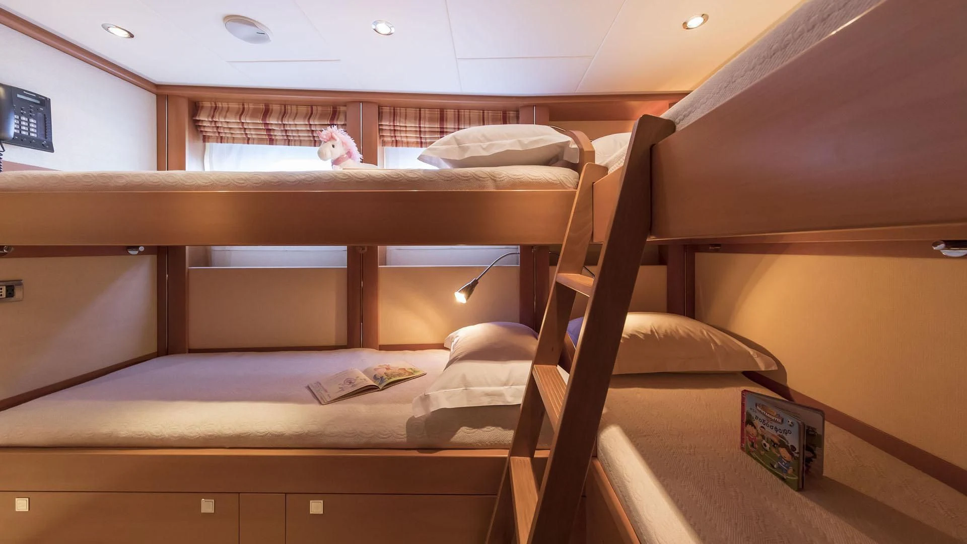 bunk beds in a room aboard L'EQUINOX Yacht for Sale