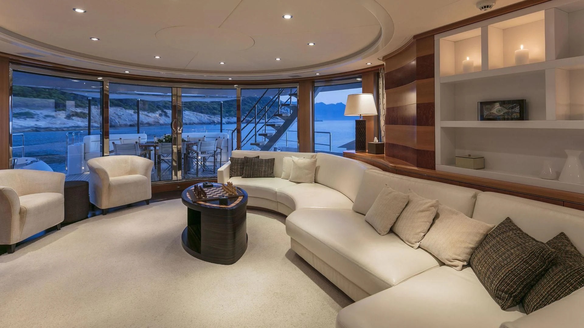 a living room with a large window aboard L'EQUINOX Yacht for Sale