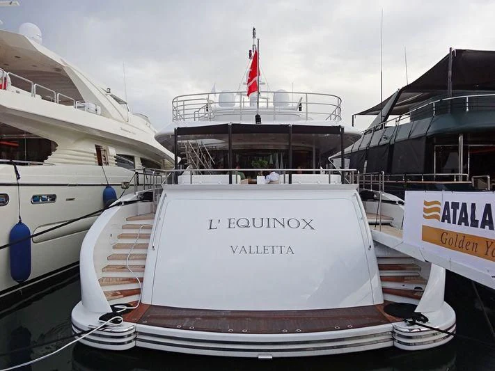 a boat parked in a harbor aboard L'EQUINOX Yacht for Sale
