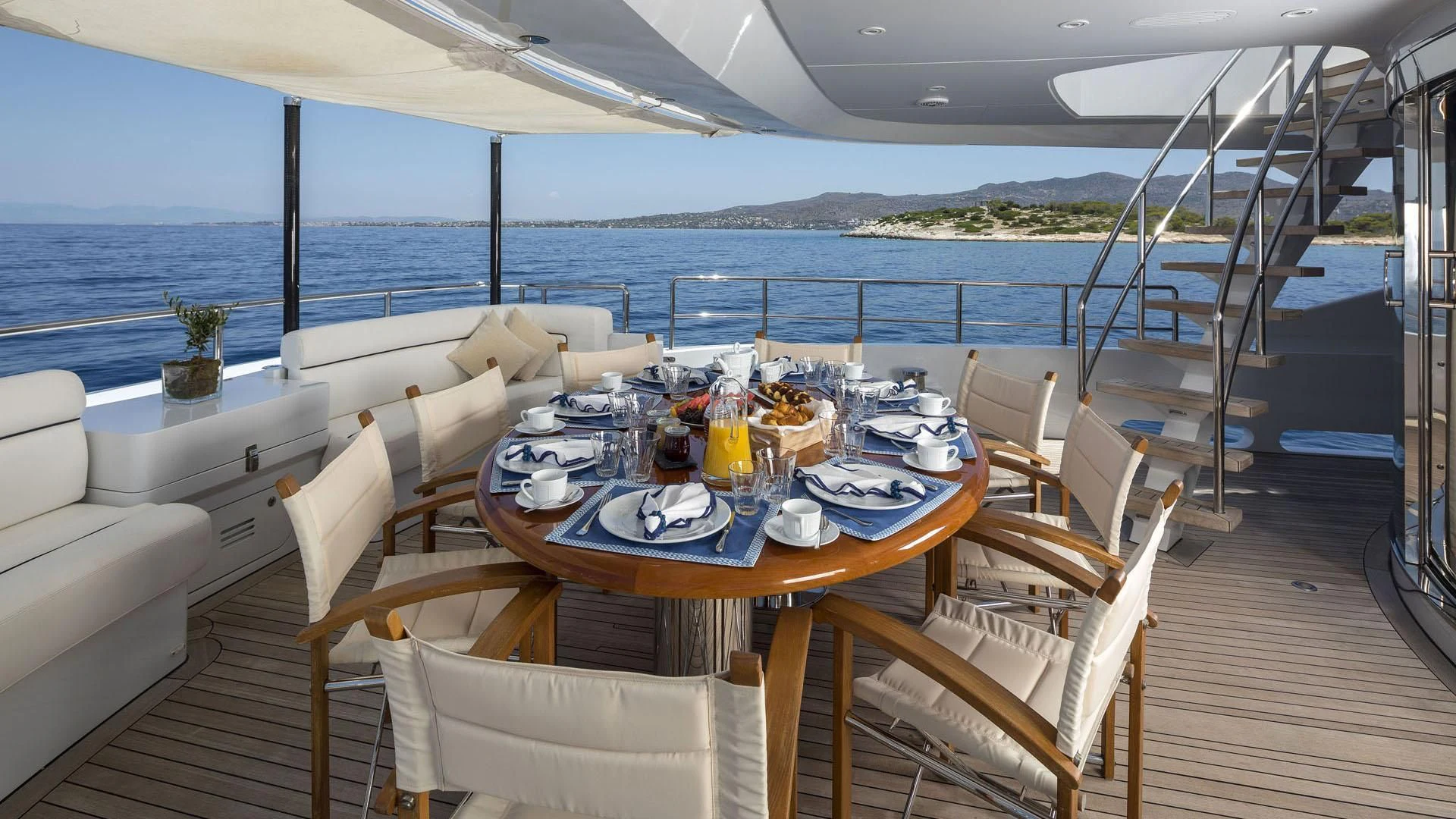 a table with food on it aboard L'EQUINOX Yacht for Sale