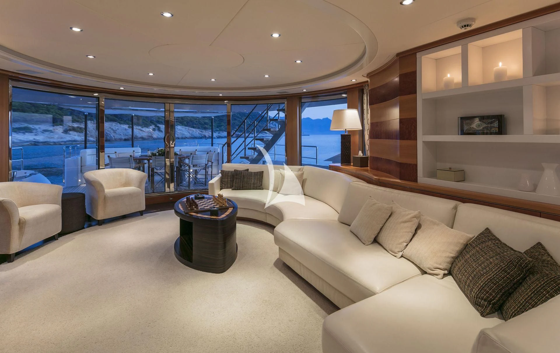 a living room with a large window aboard L'EQUINOX Yacht for Sale