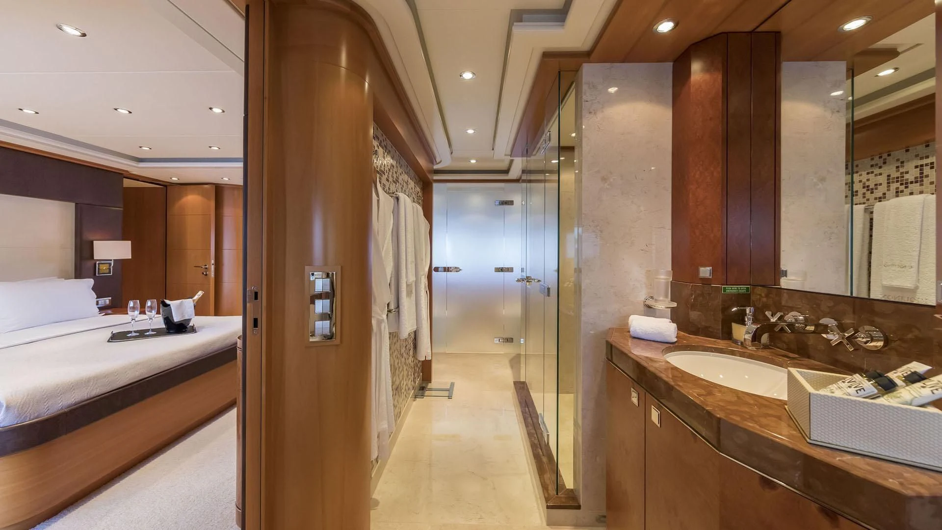 a bathroom with sinks and mirrors aboard L'EQUINOX Yacht for Sale