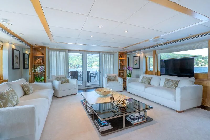 a living room with a large screen aboard DEEP BLUE II Yacht for Charter
