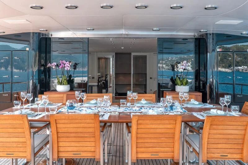 a large room with tables and chairs aboard DEEP BLUE II Yacht for Charter