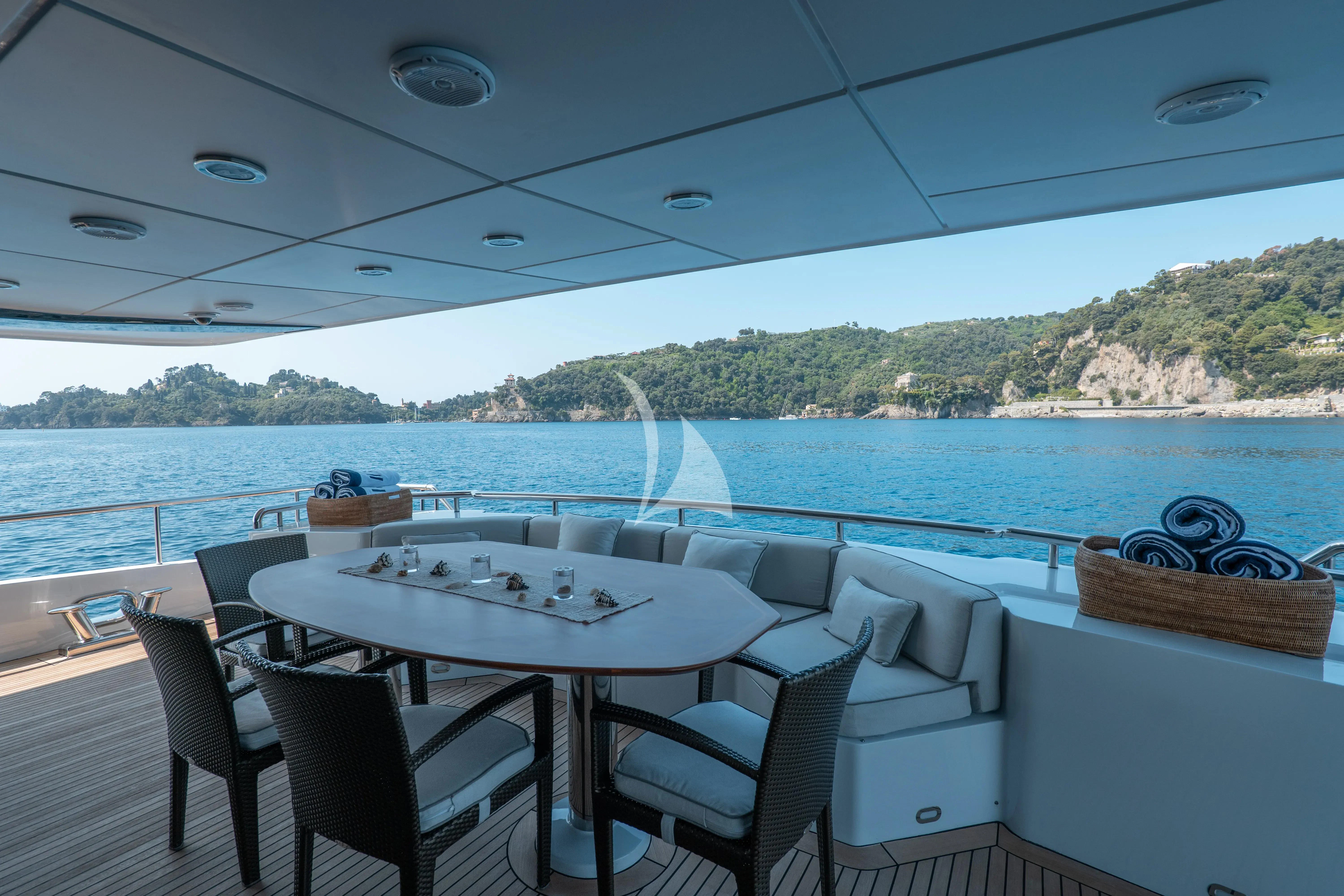 a table and chairs on a boat aboard DEEP BLUE II Yacht for Charter