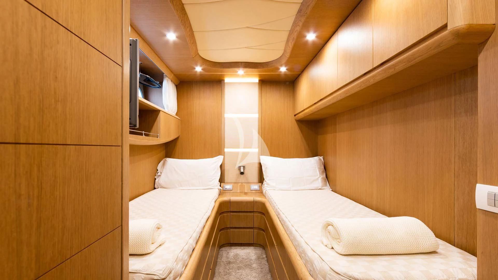 a room with two beds aboard DUBAI Yacht for Sale