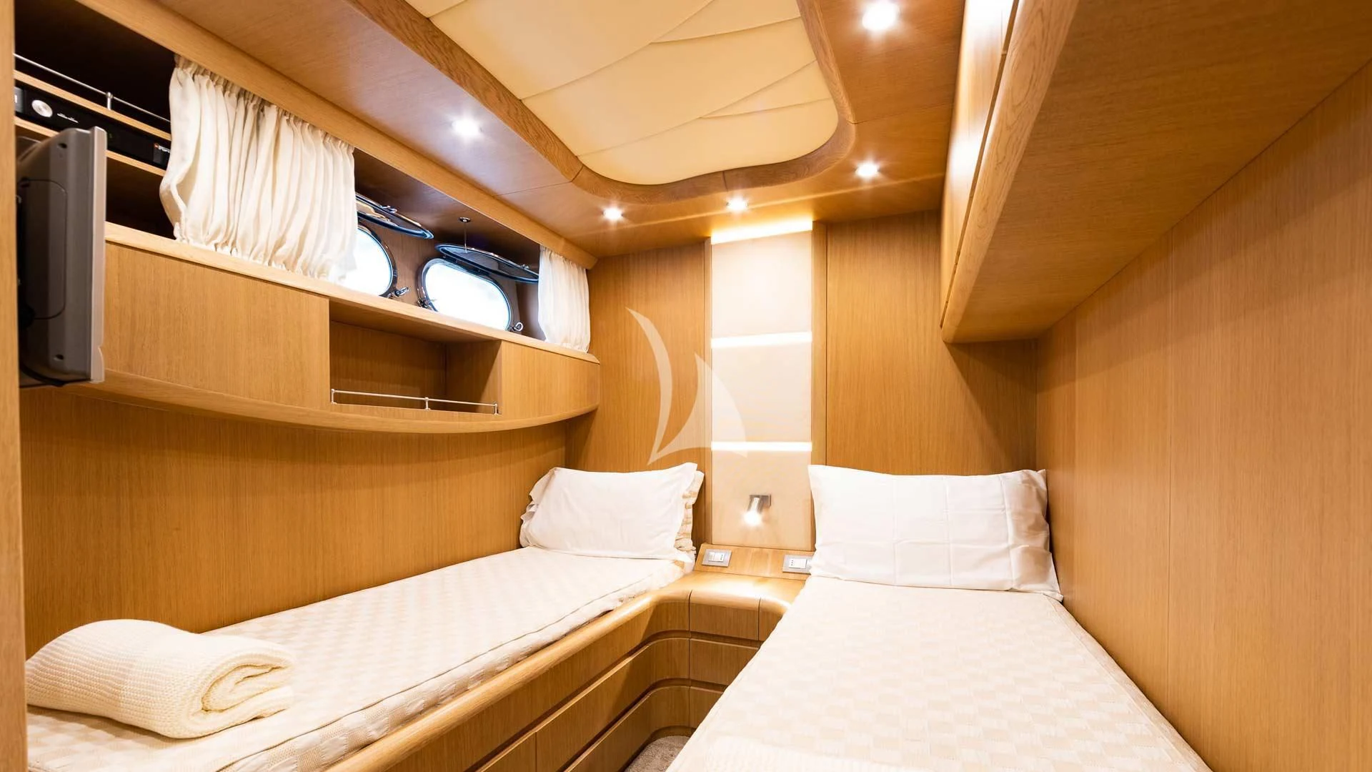 a room with two beds aboard DUBAI Yacht for Sale