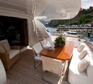 a balcony with a table and chairs aboard DUBAI Yacht for Sale