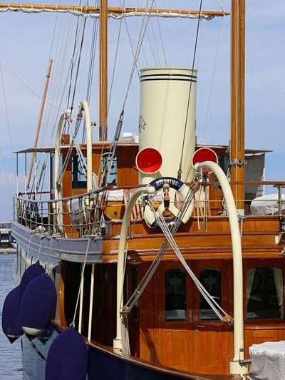 a boat with a large metal object on the front aboard ATLANTIDE Yacht for Sale