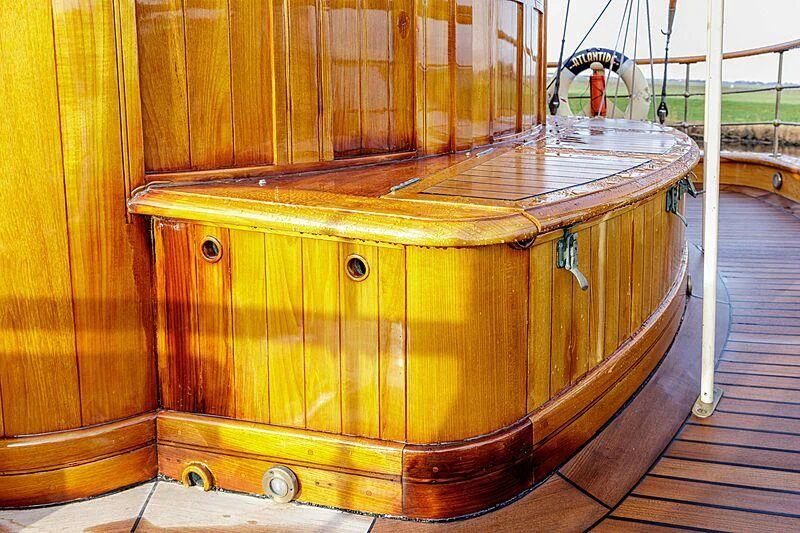 a wooden chest with a metal frame aboard ATLANTIDE Yacht for Sale