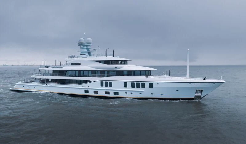 a large white ship in the water aboard AVANTI Yacht for Sale