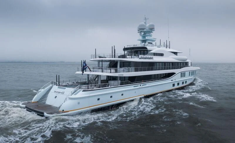 a large white ship in the water aboard AVANTI Yacht for Sale