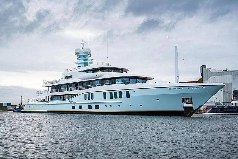 a large white boat in the water aboard AVANTI Yacht for Sale