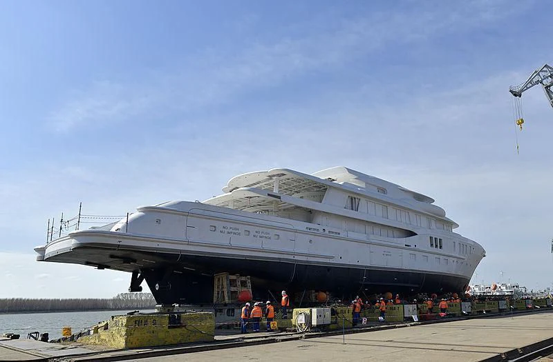 a large ship docked aboard AVANTI Yacht for Sale