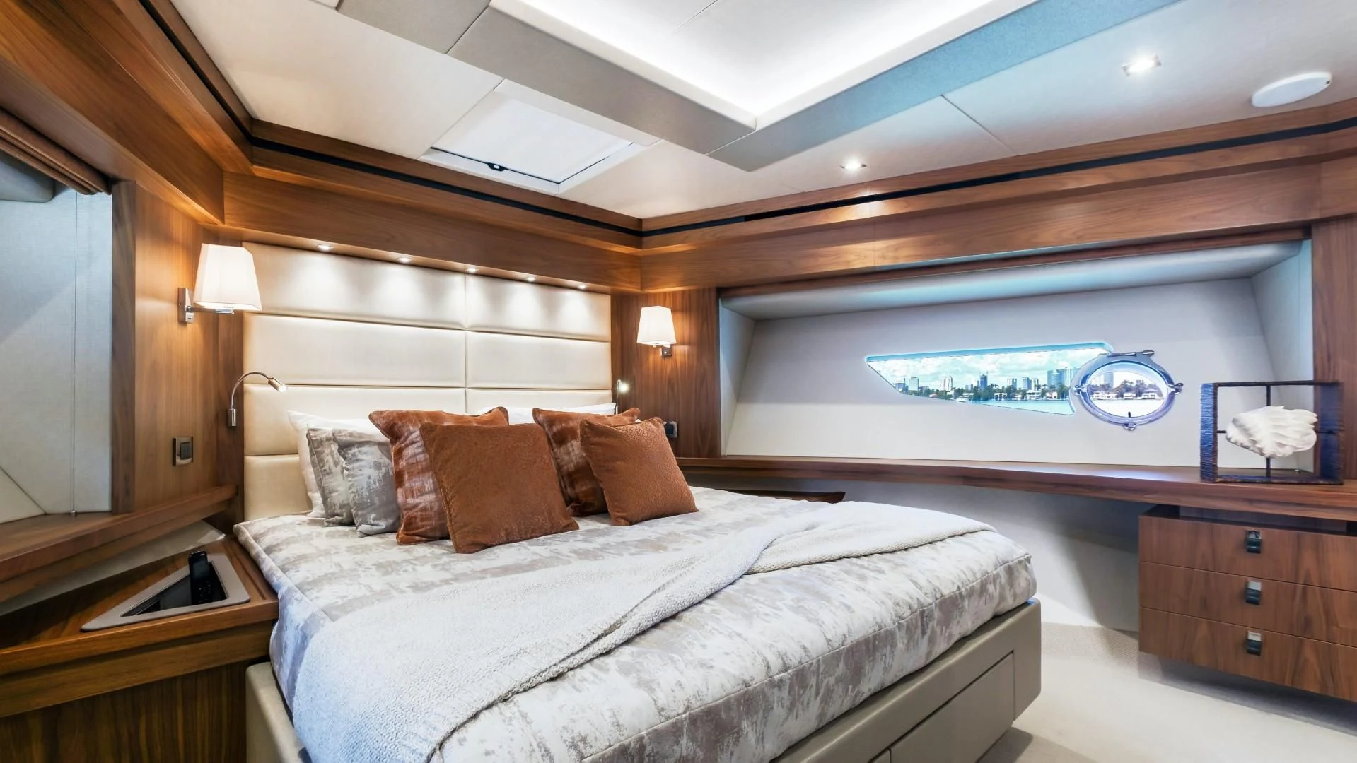 a bed in a room aboard SKYCHASER Yacht for Sale