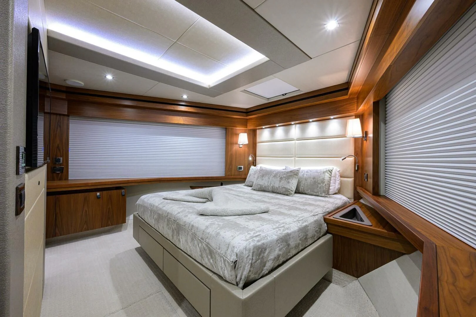 a room with two beds aboard SKYCHASER Yacht for Sale
