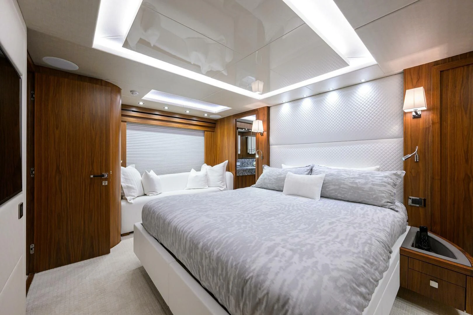 a room with two beds aboard SKYCHASER Yacht for Sale